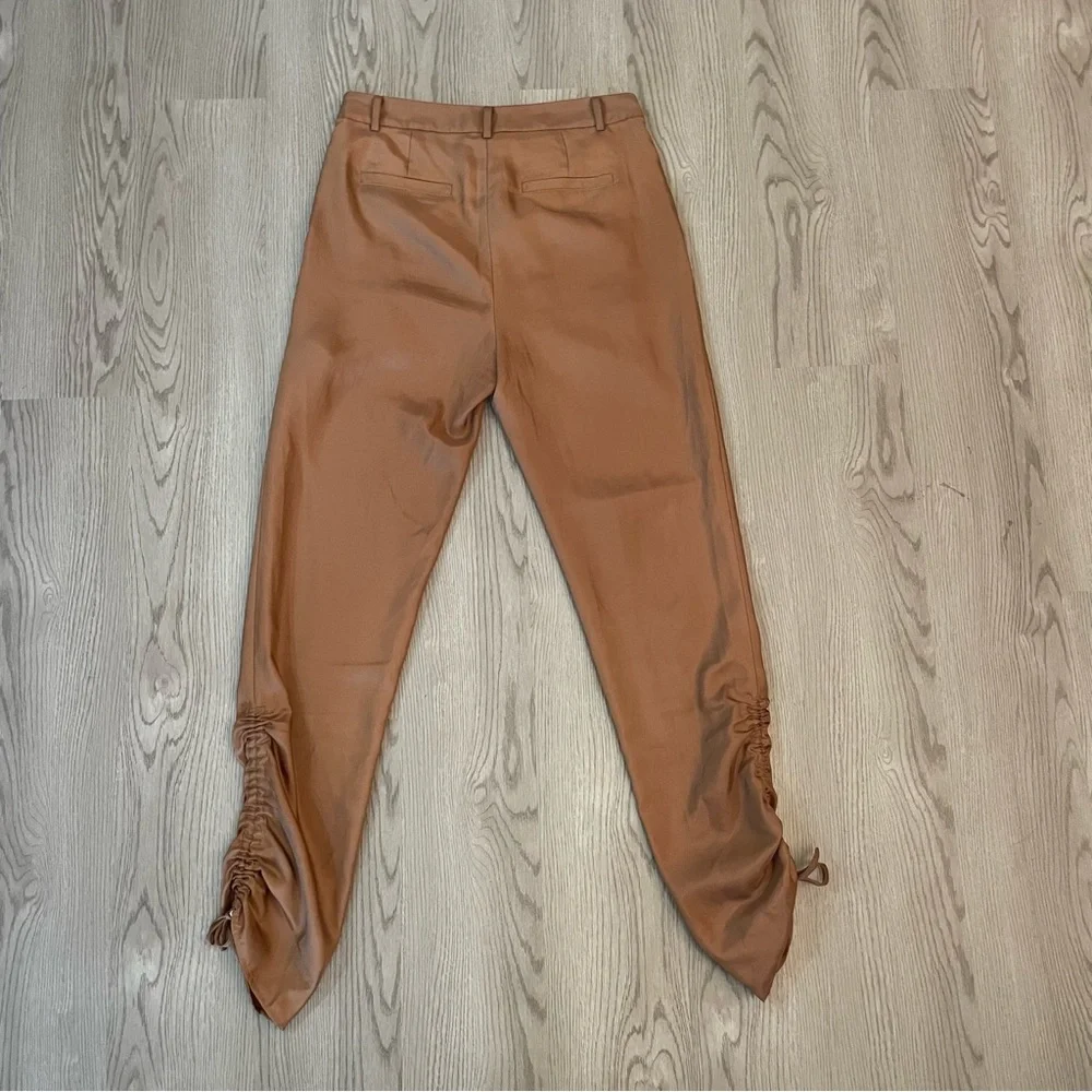 Tibi Medini Twill Pant in Sable Brown Sculpted Trousers Ankle Tie Pleat Skinny